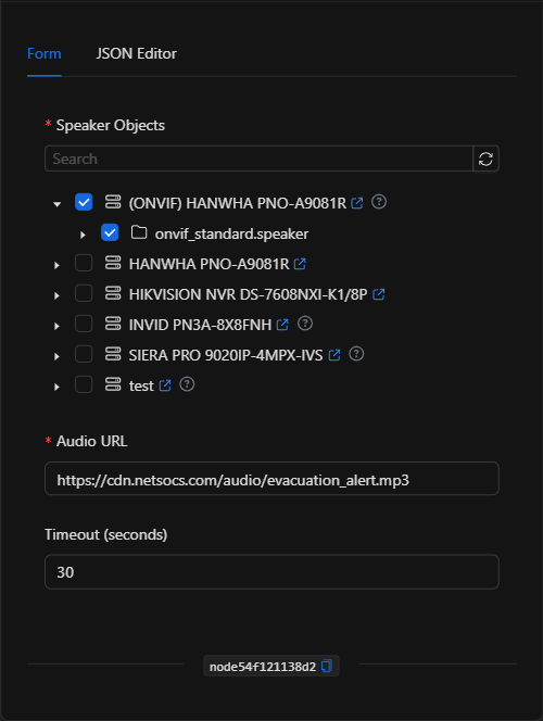 Formulario configurado del nodo Reproducir Audio en Altavoz