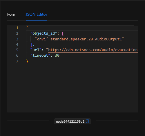 Vista JSON Editor del nodo Reproducir Audio en Altavoz