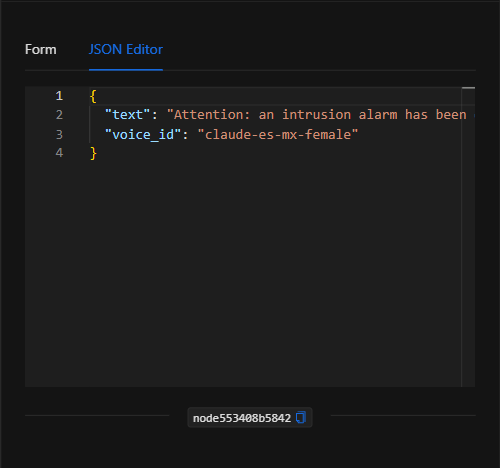 Vista JSON Editor del nodo Texto a voz