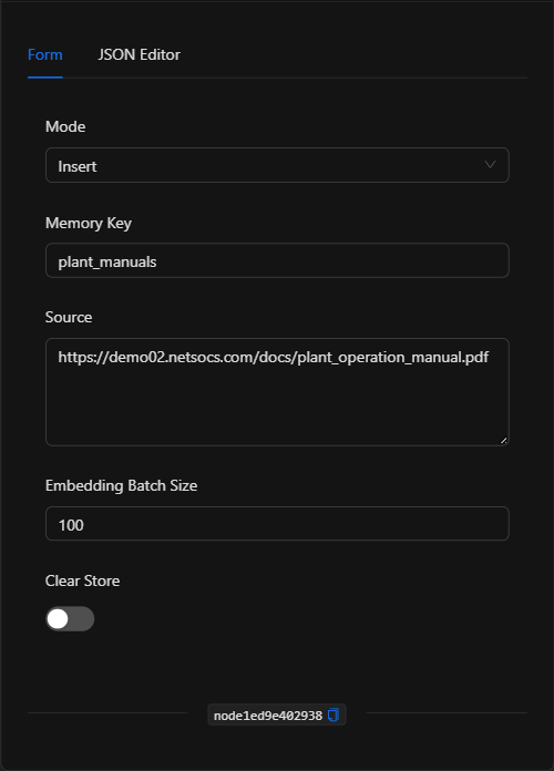 Formulario configurado del nodo Vector Store RAG