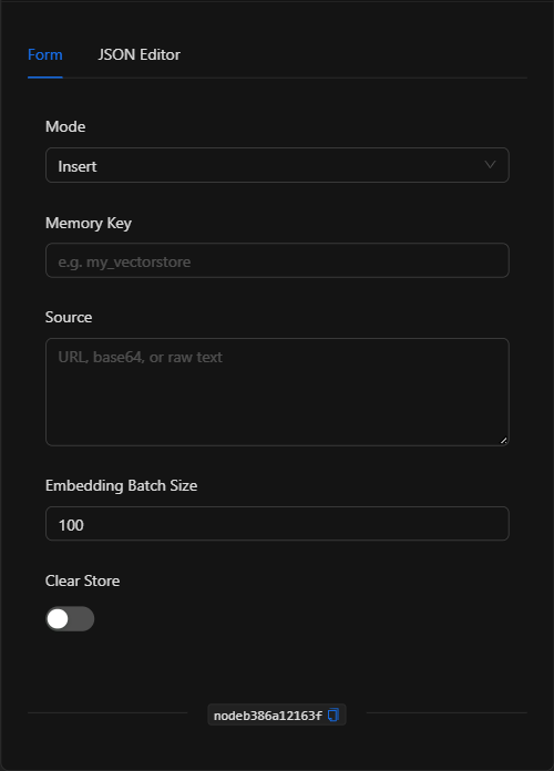 Configuración vacía del nodo Vector Store RAG