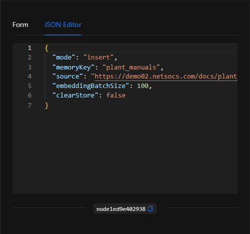 Vista JSON Editor del nodo Vector Store RAG