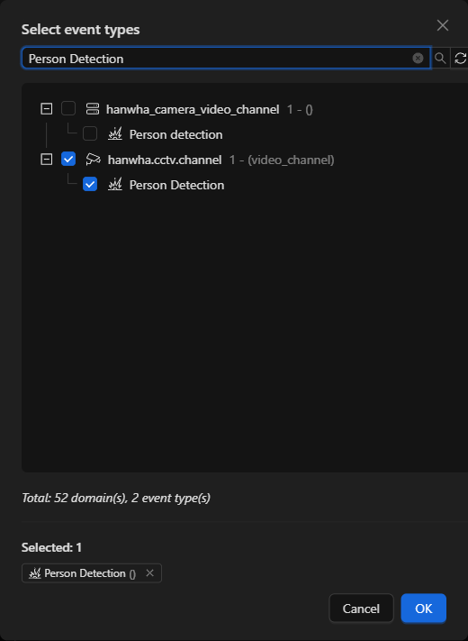 Selector de tipos de evento con Person Detection marcado