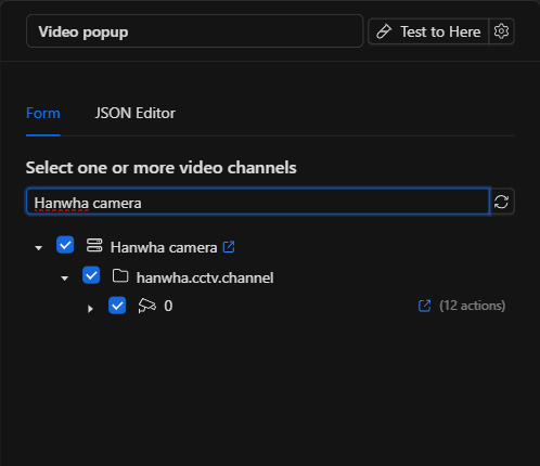 Nodo Video popup con el canal de video seleccionado