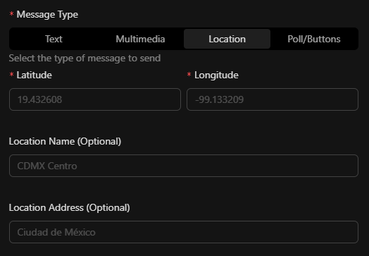 Formulario mensaje tipo Ubicación